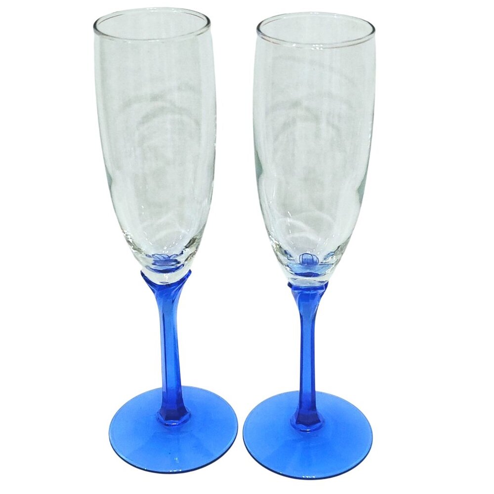 2 Libbey Domaine Blue Champagne Glasses 9" vtg cobalt sculpted stem romantic